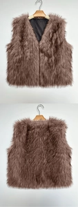 Detailed front and back view of a brown faux fur vest with black inner lining