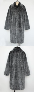 Detailed close-up of dark grey long faux fur coat with turn-down collar on mannequin