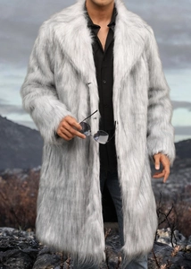 Close-up of luxury faux fur coat featuring silver grey plush texture and wide lapels
