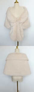 Detailed view of beige faux fur shawl featuring soft texture and criss-cross wrap design