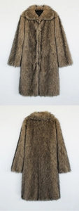 Front and back view of men's thick faux fur long coat with lapel collar in brown