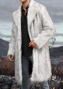 Detail of silver gray faux fur coat with oversized lapels and premium texture for men