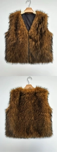 Front and back detail of brown faux fur vest with soft inner lining and fluffy texture