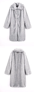 Detail shot of the silver-grey faux fur texture and branded label on long winter coat