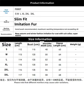 Detailed size chart for men faux fur coat including measurements from S to 3XL sizes