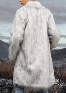 Back view of men's long silver faux fur coat with thick collar in winter landscape