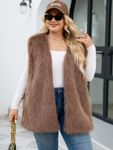 Brown faux fur vest for women with long plush texture and warm V-neck design