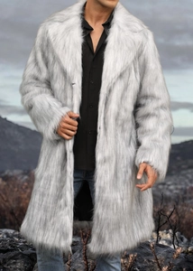 Detailed texture of silver-grey faux fur coat for men in a rugged outdoor setting