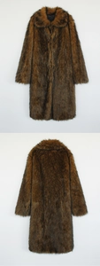 Detail view of men's faux fur coat showing textured mottled pattern and longline design