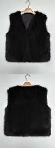 Front and back view of a black faux fur vest with soft texture and classic V-neck style