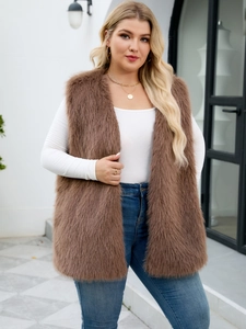 Chic brown long faux fur vest in plus size with sleeveless V-neck open front design