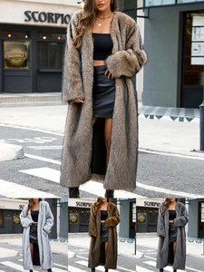 Mode Damen Langer Kunstpelzmantel V-Ausschnitt Plüsch Warm Übermantel Elegant Winter Zottelige Oberbekleidung Vintage Luxus Jacke