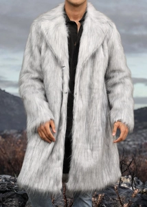 Detail of light gray faux fur texture on long men's coat with wide lapel design