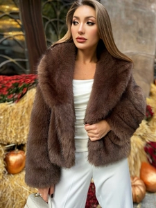 Women's dark brown faux fur jacket with wide lapel and thick warm plush texture
