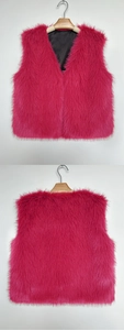 Detailed front and back view of a rose red faux fur vest with soft long plush texture