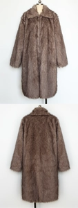 Macro detail of brown faux fur texture on a men long lapel coat shown from front and back