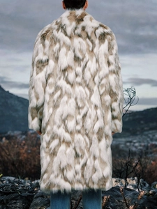 Men's faux fox fur coat in brown and cream pattern, long winter parka for outdoor warmth