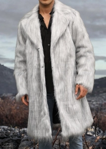 Detailed close-up showing the long-pile texture of the silver faux fur winter coat