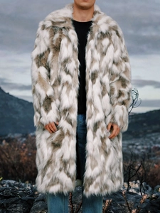 Men's long faux fox fur coat with brown geometric diamond pattern for winter warmth