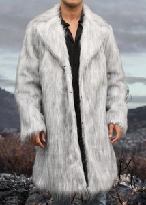 Detailed close-up showing the soft silver-grey faux fur texture of the men's winter coat