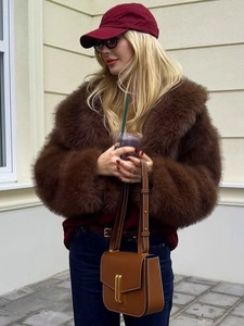 Detail of plush brown faux fur jacket with wide lapels for winter fashion style