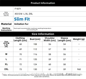 Detailed size chart for women's faux leather coat with precise measurements and care instructions