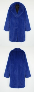 Vertical split view of royal blue faux fur coat with notched lapel and silky black lining