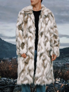 Men's faux fur long coat with grey and brown geometric patterns for winter warmth