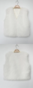 Detailed front and back view of a white fluffy faux fur vest on a wooden hanger