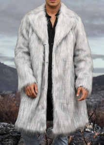 Detail of grey faux fur coat featuring high-quality plush texture and large lapel collar