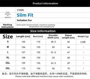 Size chart table for men's long faux fur coat showing S to 3XL dimensions and weight