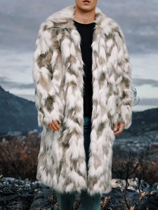 Close-up of thick textured faux fox fur on a long men's winter coat for cold weather