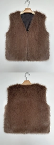 Detailed front and back view of brown faux fur vest with V-neck and black lining