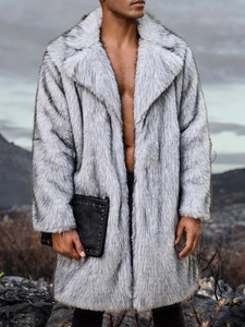Detailed close-up of men's long faux fur coat with oversized lapels in grey and white