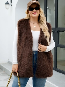 Women faux fur vest in dark brown featuring fluffy texture and sleeveless open front design