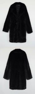 Front and back view of long black faux fur coat with thick collar and plush texture