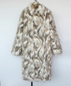 Back view of a long faux fur coat with realistic brown and white spotted animal patterns