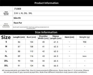 Detailed size chart for faux fur coat showing S to 3XL dimensions and washing instructions