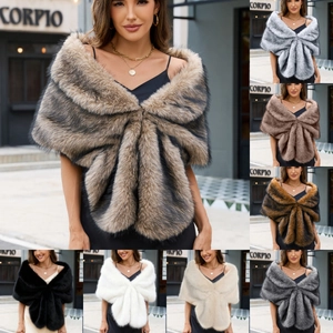 Women Elegant Faux Fur Shawl Wrap Fox Fur Texture Stole Winter Warm Scarf For Wedding Party Bridal Evening Dress Cloak Accessory