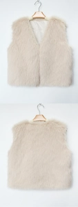 Front and back view of beige faux fur vest with soft plush texture and silky lining