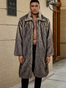 Men's long faux fur coat with turn-down collar in brown and black textured plush style