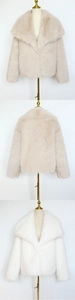 Short faux fur coat with large lapels in apricot and white, showing plush texture and fit