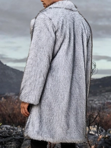 Detail of silver-grey faux fur texture on men's long coat with large lapel design