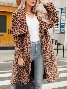 Women's leopard print faux fur coat with large lapel in a stylish mid-length street style