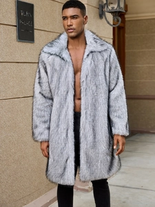 Men's faux fur long coat with lapel collar in gray and black mix, outdoor fashion look