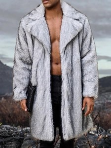 Close-up of grey and white striped faux fur texture on men's long winter coat