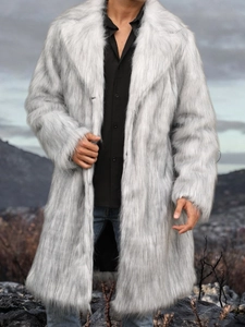 Men's faux fur coat in light gray featuring a large lapel and long plush texture