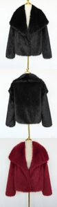 Detail view showing black and wine red faux fox fur coat textures with oversized collars