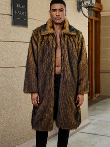 Men's stylish faux fur long coat with lapel collar in brown black textured animal fur