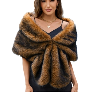 Elegant brown and black striped faux fox fur shawl wrap for formal winter evening dresses